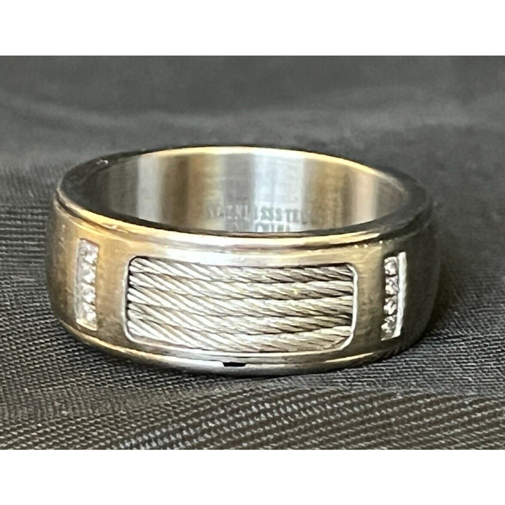 Vintage Stainless Steel Band With Wired Inlay & CZ Accents .33" Wide Size 9.5